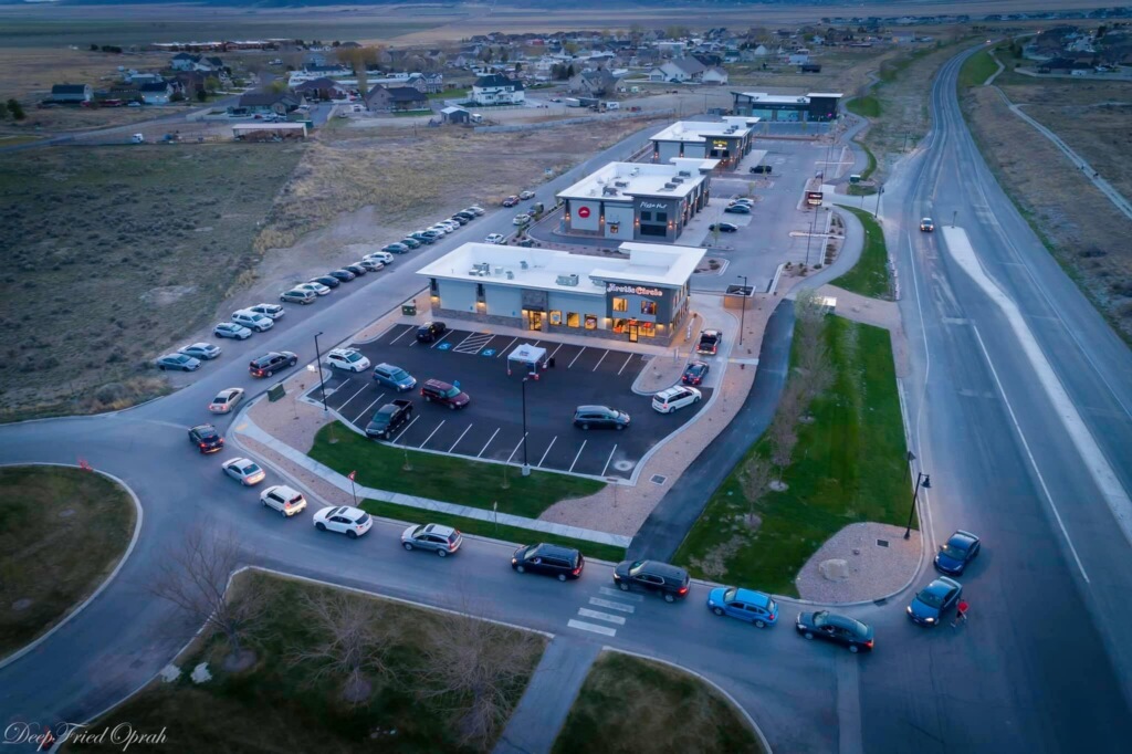 aerial view of cars lined up at Arctic Circle